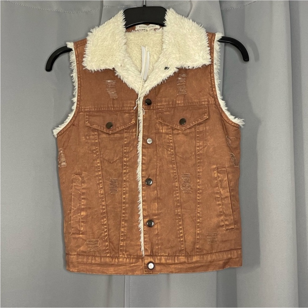 Buckle Tan Denim Vest with Cream Lining